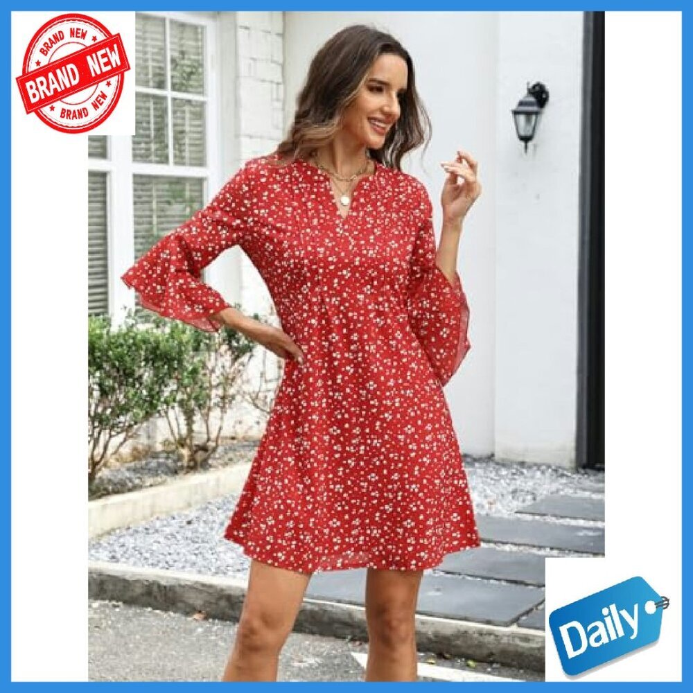 Lightweight Floral 3/4 Sleeve V-Neck A-Line Dress Casual Summer - Picture 5 of 7